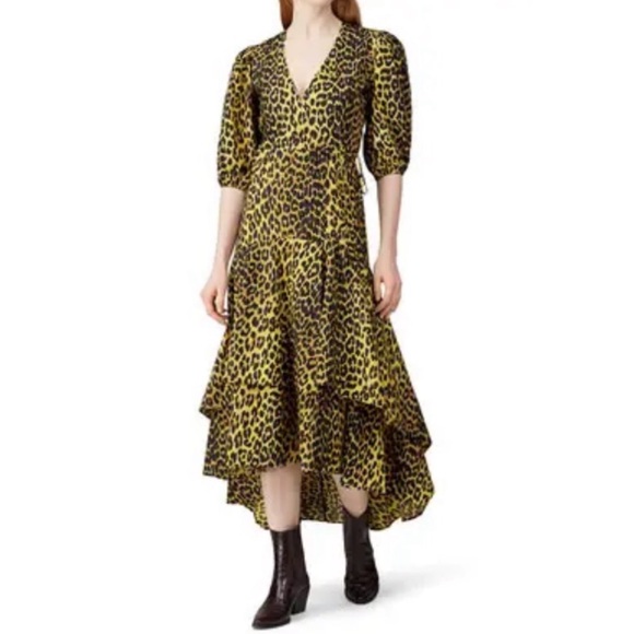 GANNI Yellow Gold Cheetah Midi Wrap Dress US 6 (sz 38) Animal Print Puffy Sleeve - Picture 2 of 10